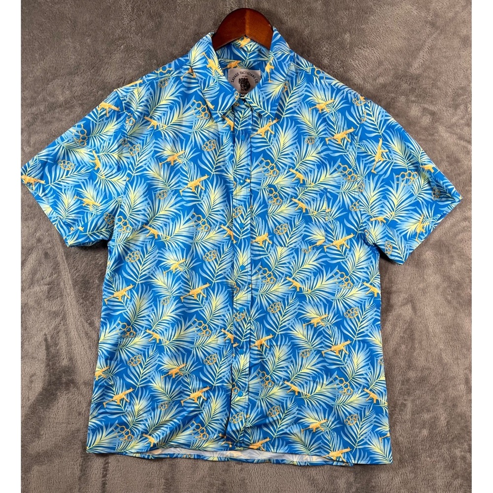 Savage Tacticians Shirt Mens Large Blue Yellow Floral Hawaiian Camo Military
